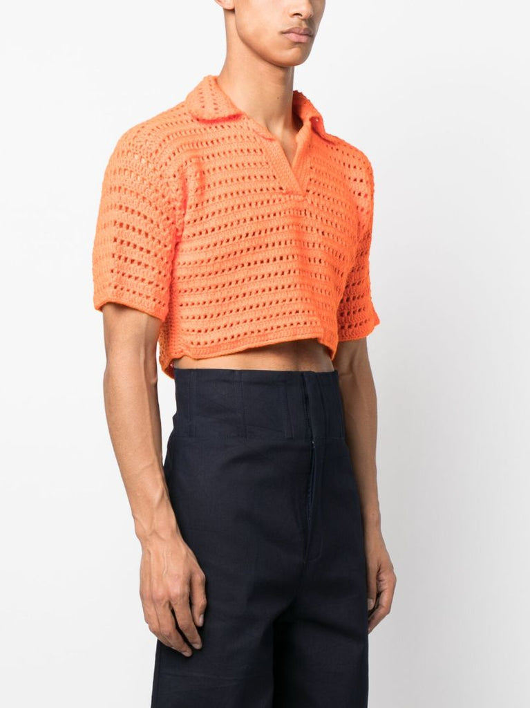 Orange Shalom Woven Cropped Polo Top