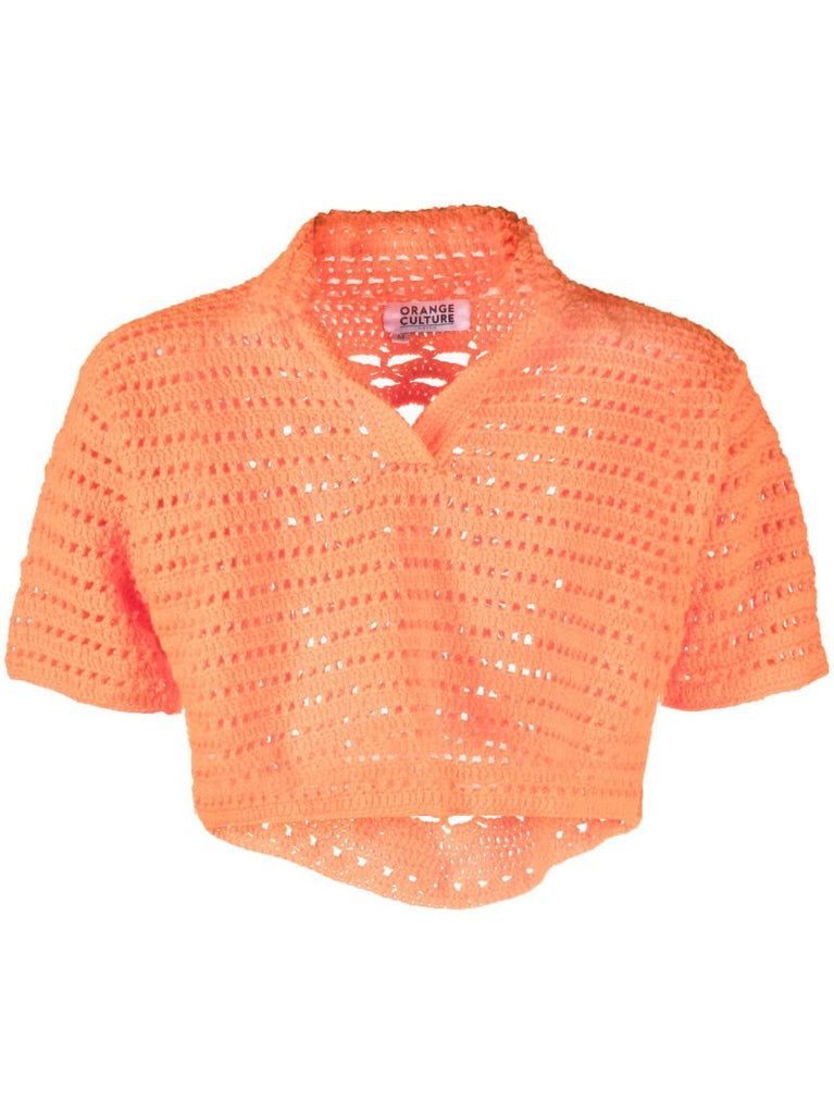 Orange Shalom Woven Cropped Polo Top