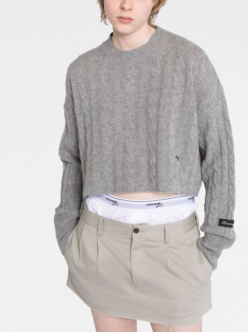 Grey Cropped Cable-knit Sweater