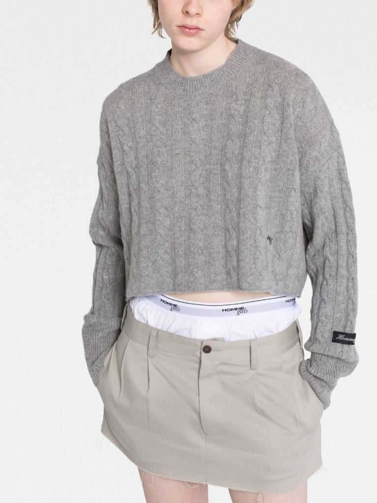 Grey Cropped Cable-knit Sweater
