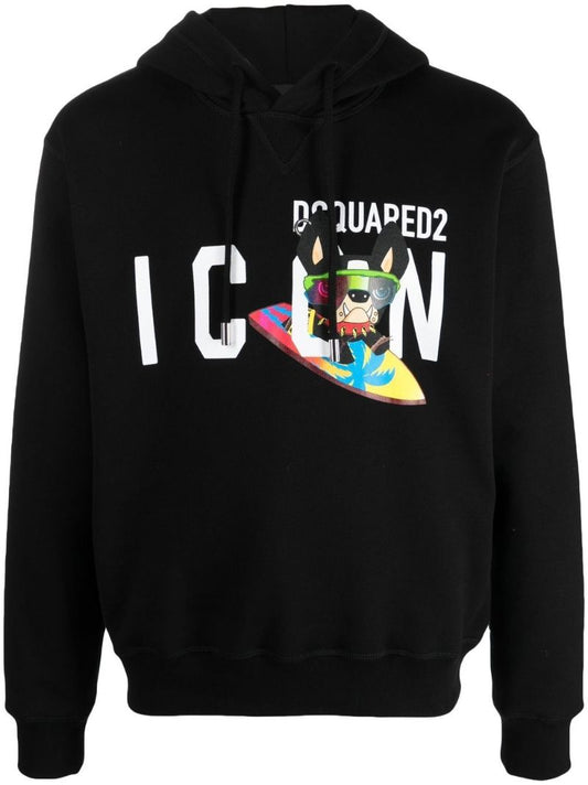 Black Logo Print Cotton Hoodie