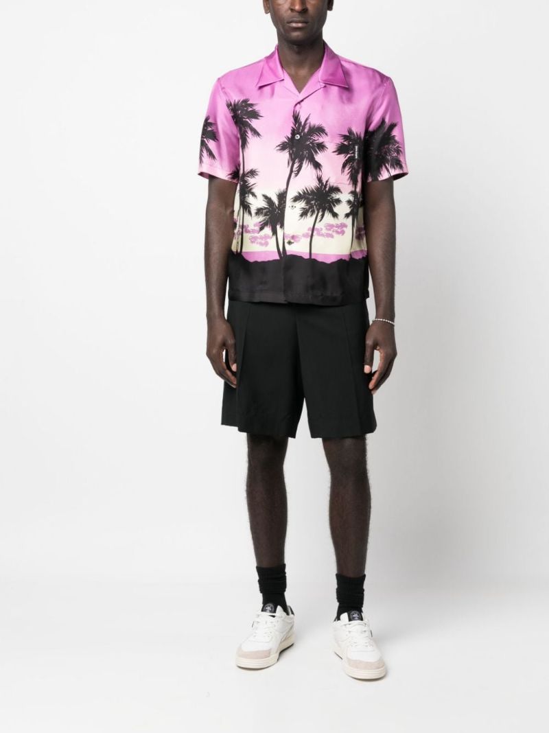 Purple Palm Tree Print Silk Bowling Shirt