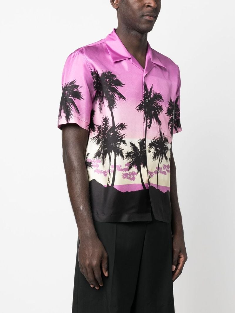 Purple Palm Tree Print Silk Bowling Shirt
