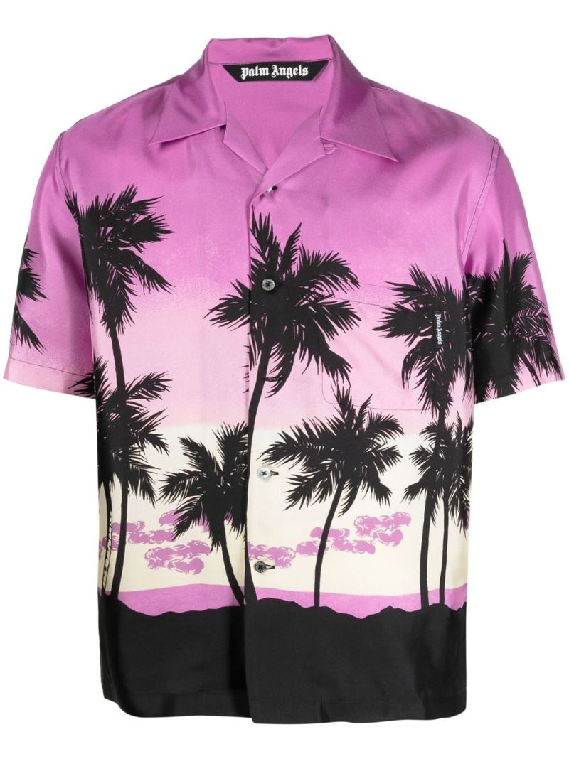 Purple Palm Tree Print Silk Bowling Shirt