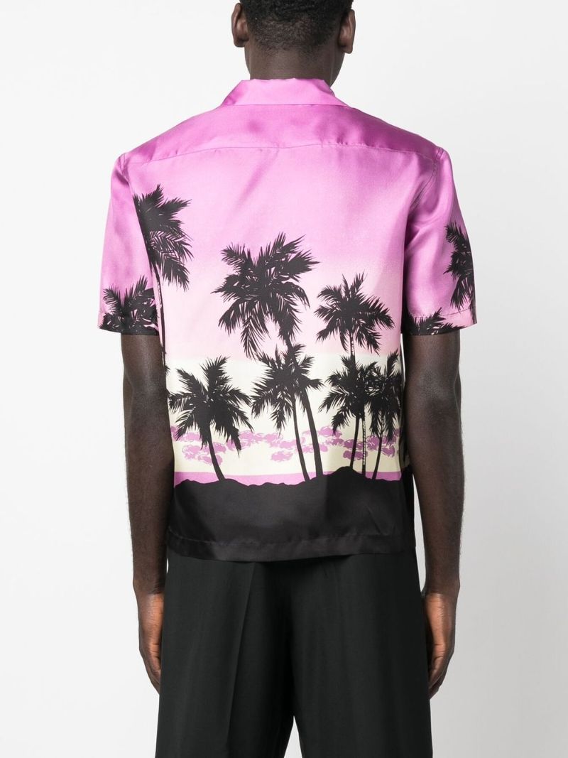 Purple Palm Tree Print Silk Bowling Shirt