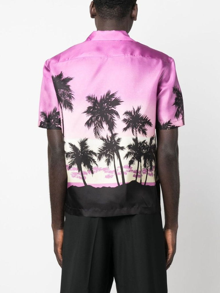 Purple Palm Tree Print Silk Bowling Shirt