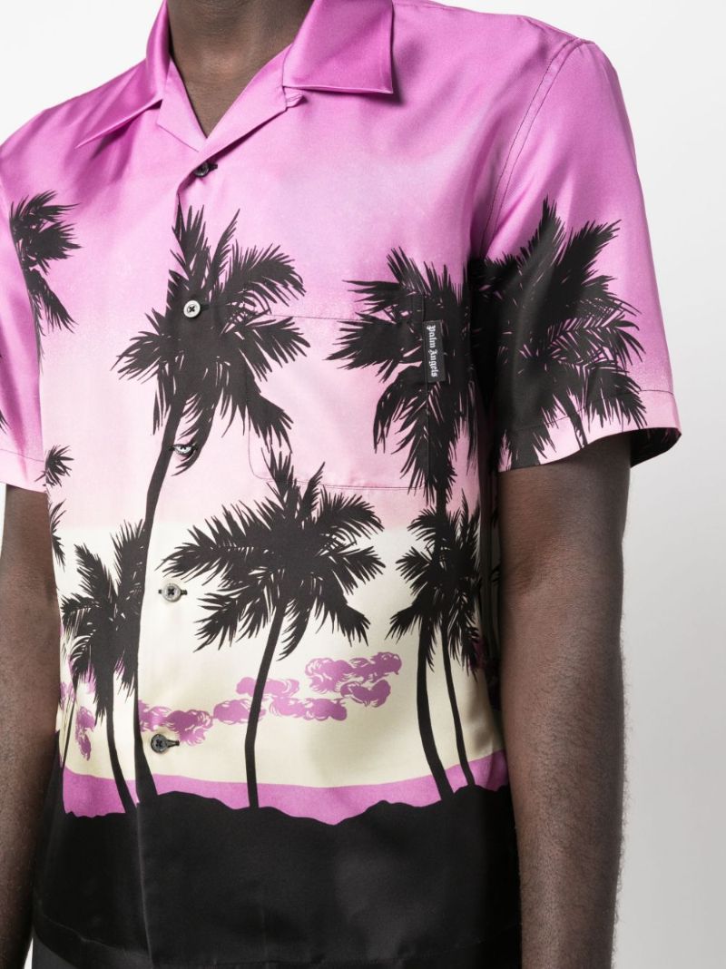 Purple Palm Tree Print Silk Bowling Shirt