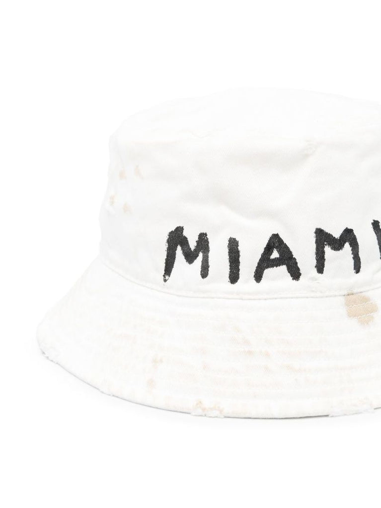 White Logo Print Distressed Effect Bucket Hat