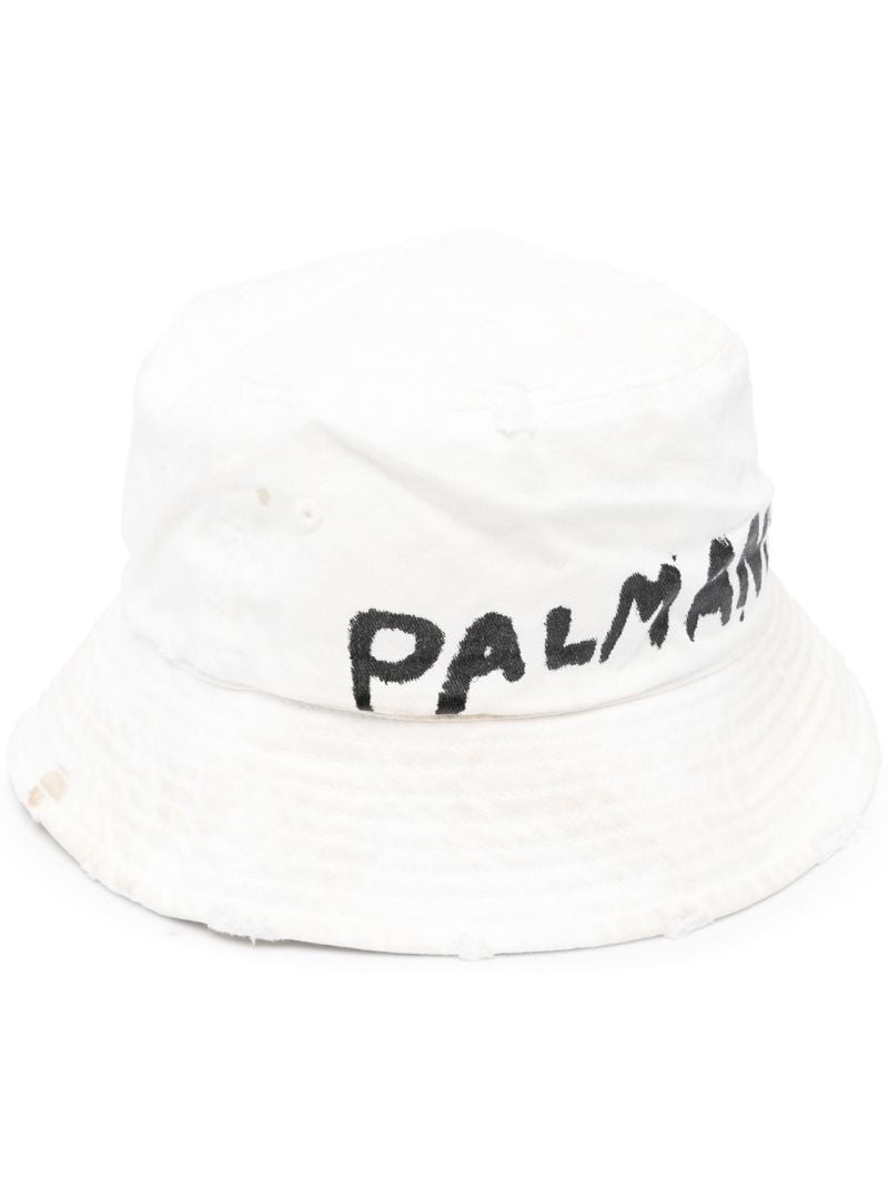 White Logo Print Distressed Effect Bucket Hat