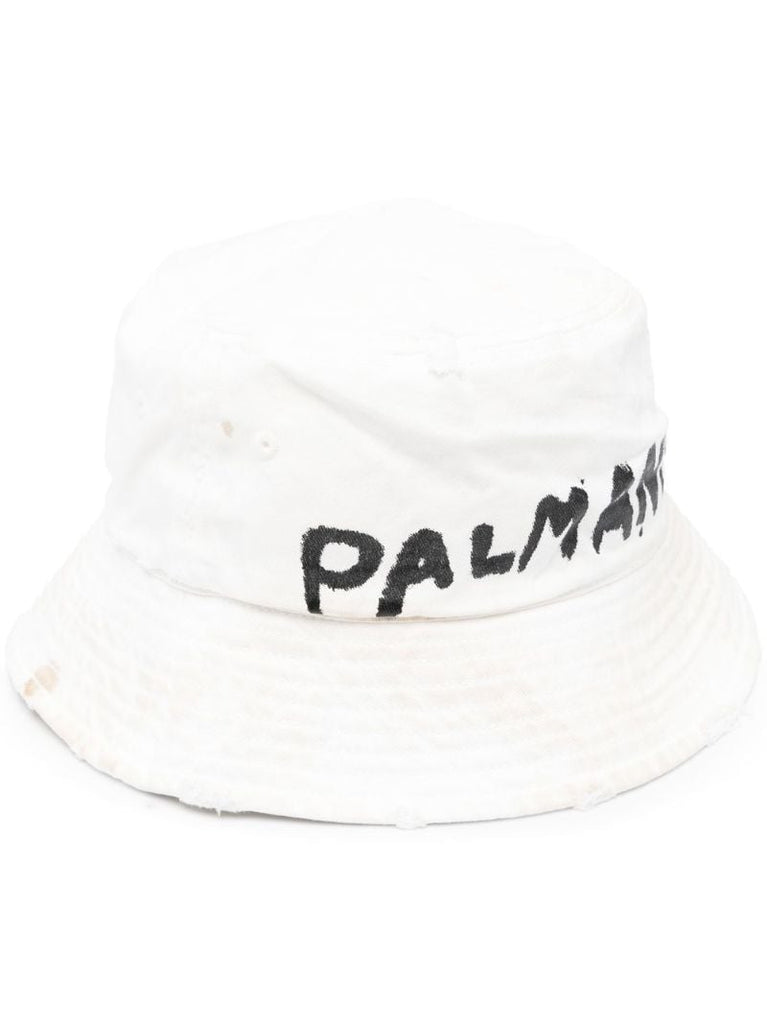 White Logo Print Distressed Effect Bucket Hat