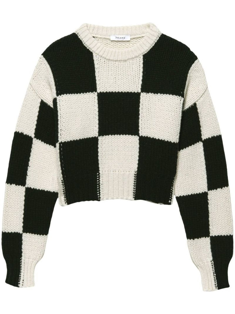 White Checkerboard Merino Wool Sweater