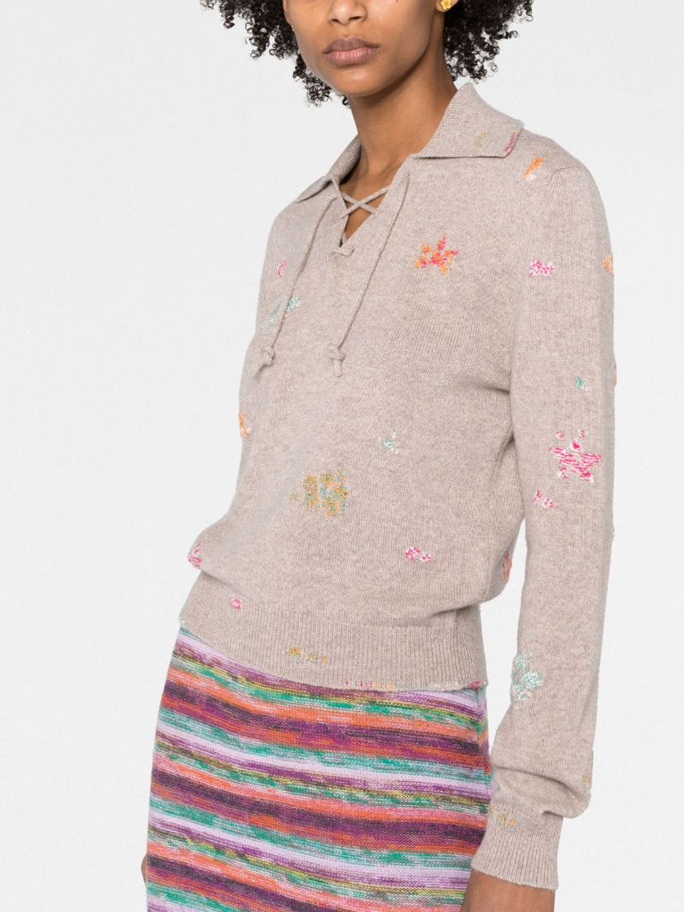 Neutral Floral Embroidered Cashmere Sweater