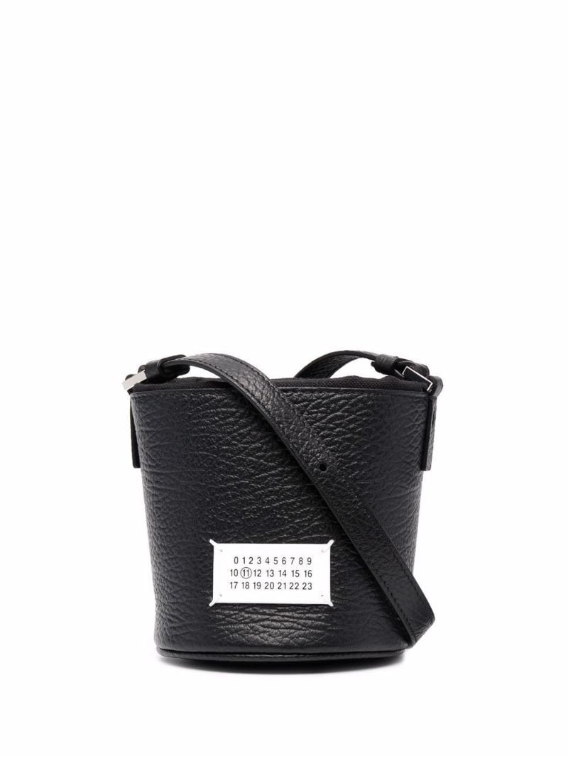 Black Logo Patch Leather Bucket Bag