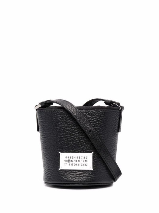 Black Logo Patch Leather Bucket Bag