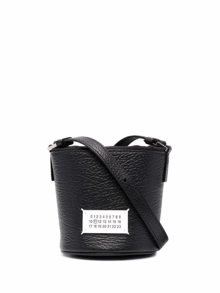 Black Logo Patch Leather Bucket Bag