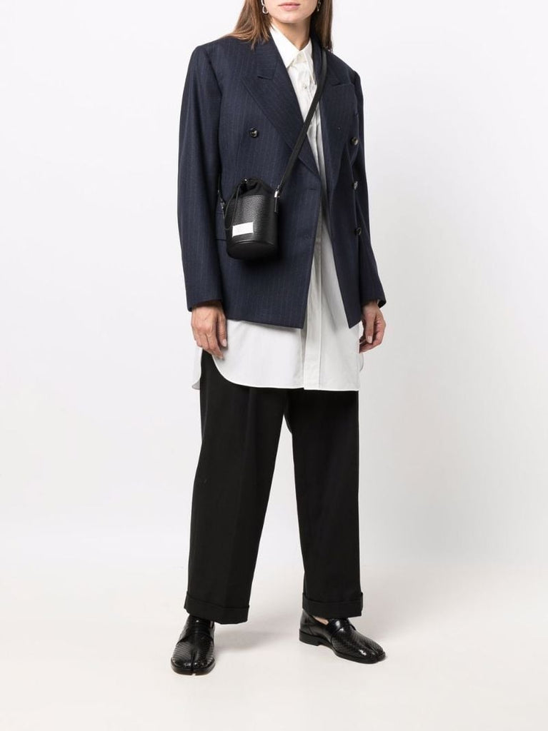 Black Logo Patch Leather Bucket Bag
