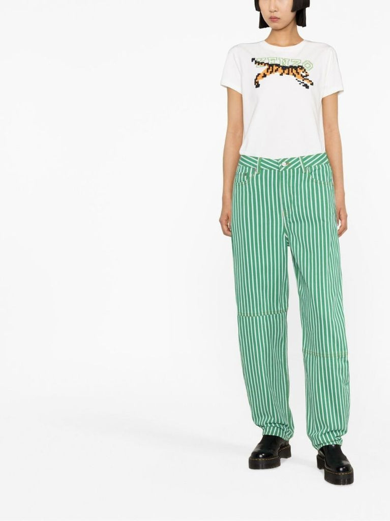 Green Striped Print Barrel-leg Jeans