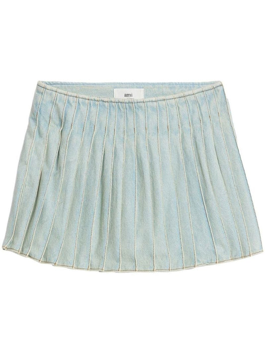 Blue Pleated Denim Mini Skirt