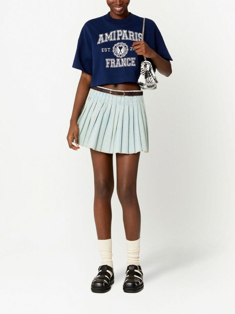 Blue Pleated Denim Mini Skirt