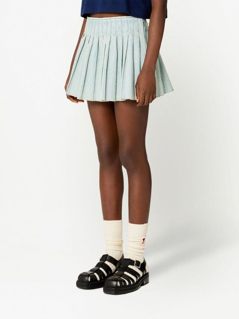 Blue Pleated Denim Mini Skirt