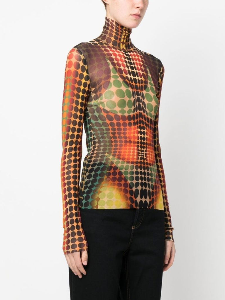 Orange the Brown Dots Print Mesh Top