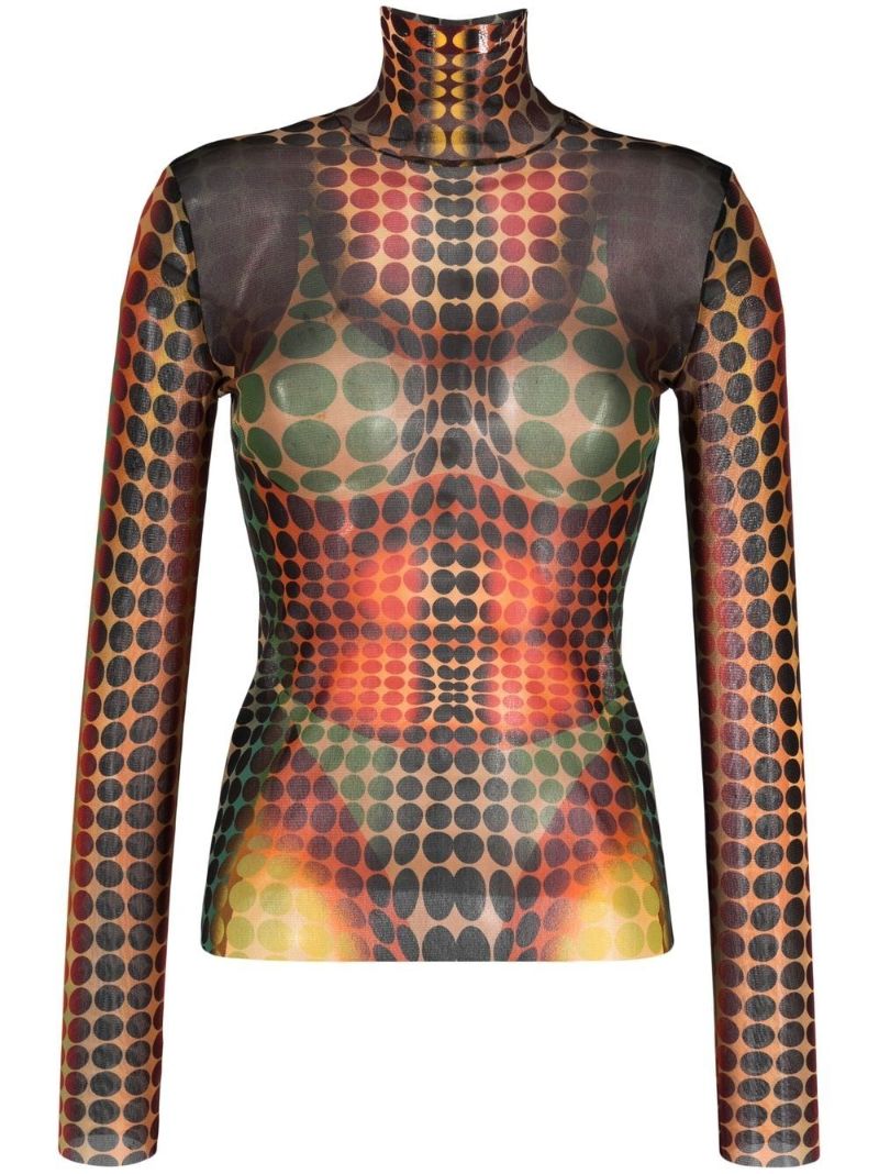 Orange the Brown Dots Print Mesh Top