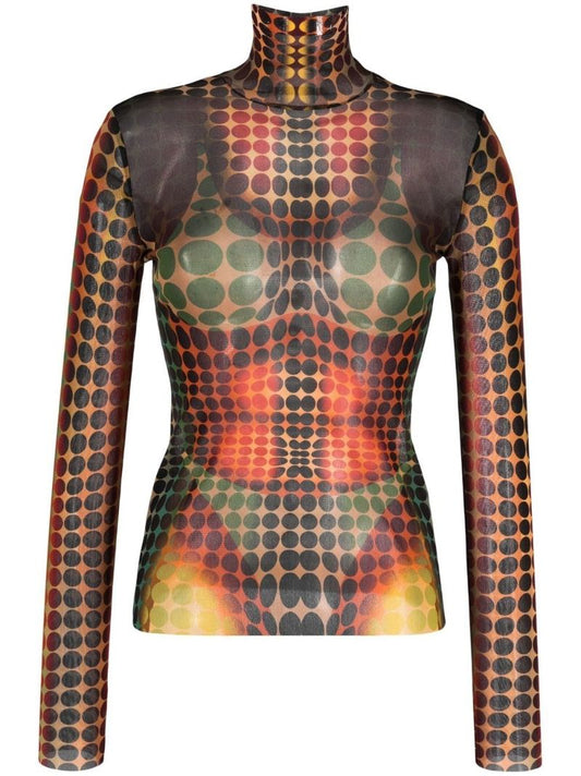 Orange the Brown Dots Print Mesh Top