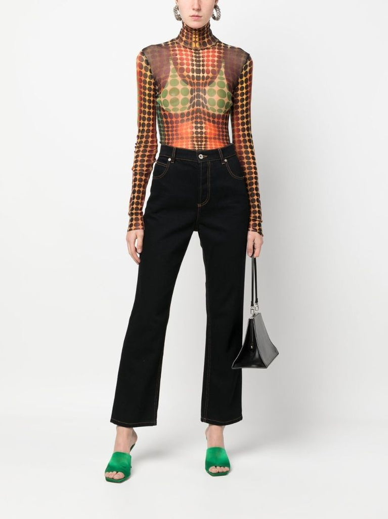 Orange the Brown Dots Print Mesh Top