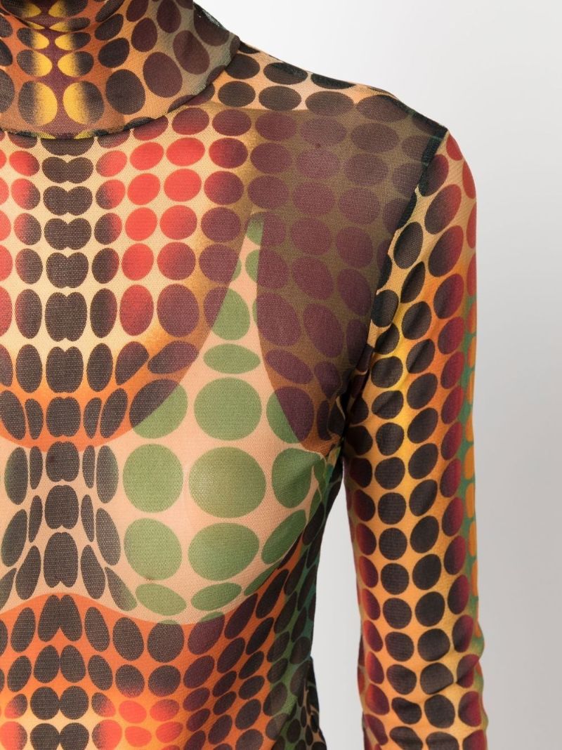 Orange the Brown Dots Print Mesh Top