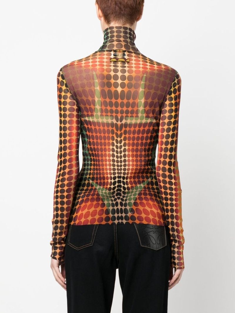 Orange the Brown Dots Print Mesh Top