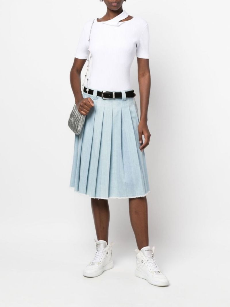 Blue Pleated Chambray Midi Skirt
