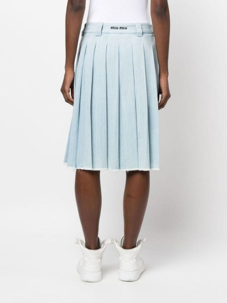 Blue Pleated Chambray Midi Skirt