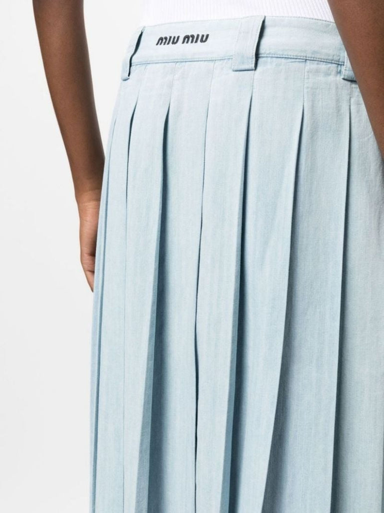 Blue Pleated Chambray Midi Skirt