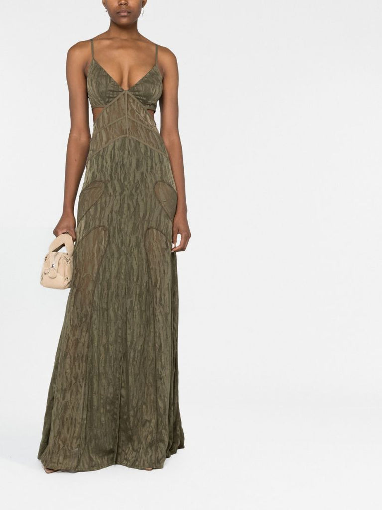 Green Patterned Jacquard Sleeveless Gown