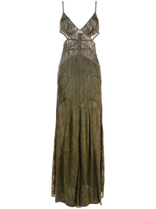 Green Patterned Jacquard Sleeveless Gown