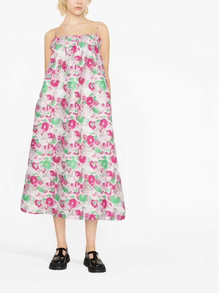 Pink Floral Jacquard Midi Dress
