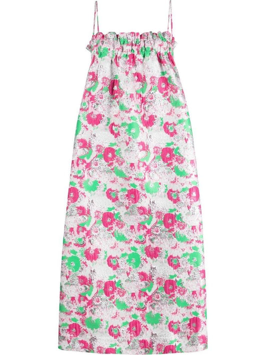 Pink Floral Jacquard Midi Dress