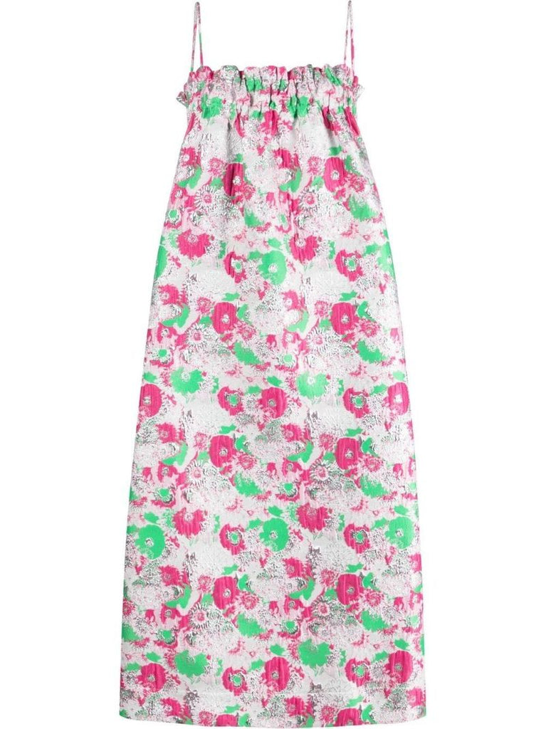 Pink Floral Jacquard Midi Dress
