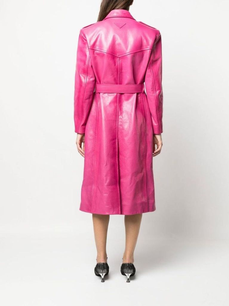 Pink Double-breasted Leather Coat