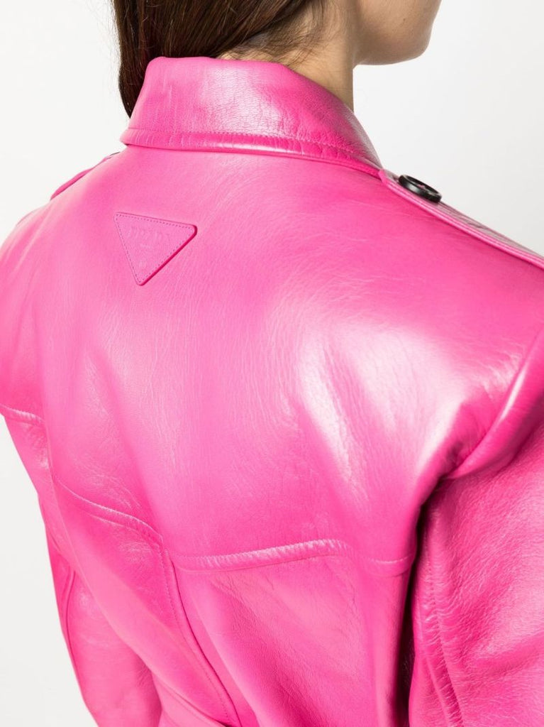Pink Double-breasted Leather Coat