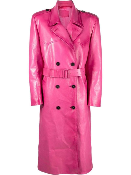 Pink Double-breasted Leather Coat