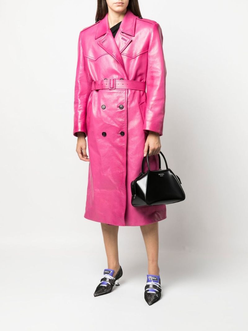 Pink Double-breasted Leather Coat