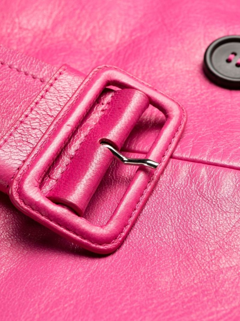 Pink Double-breasted Leather Coat