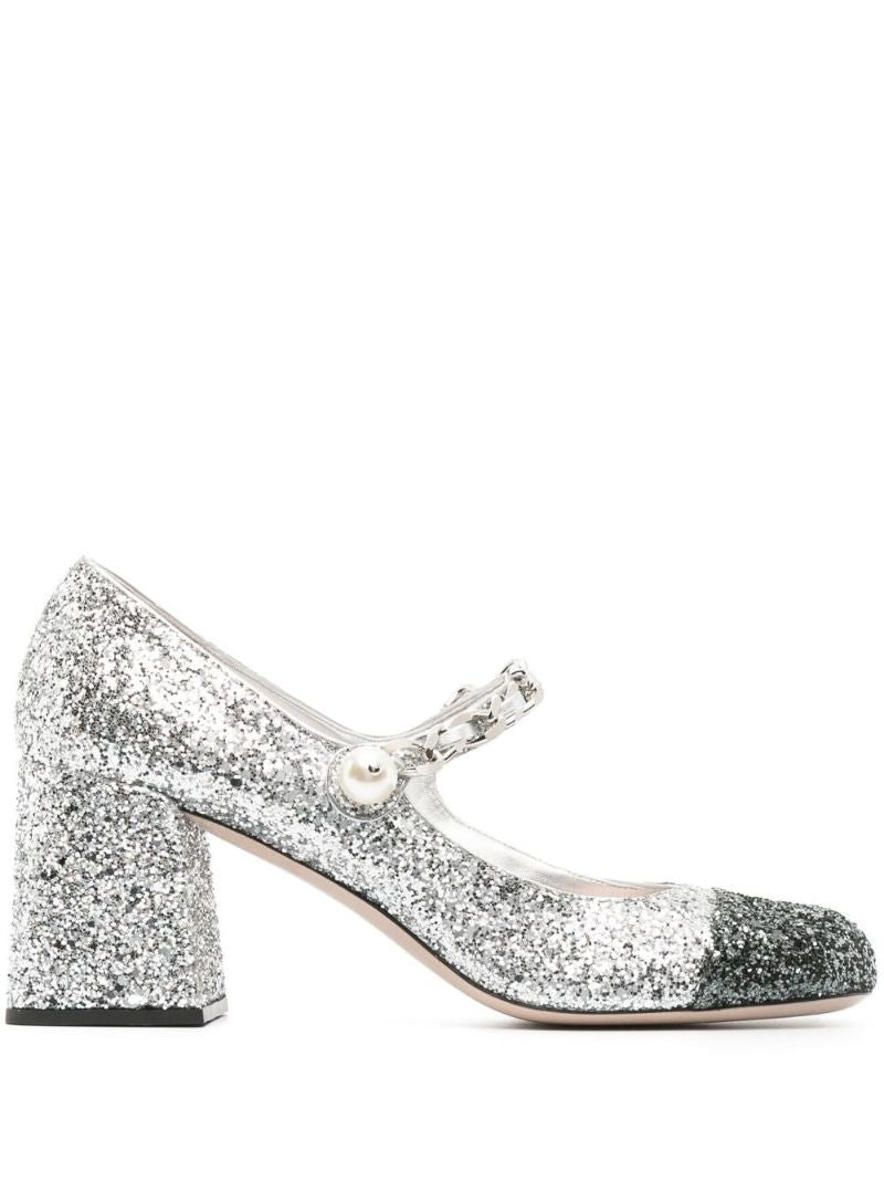 Silver 65 Glittered Leather Mary Jane Pumps