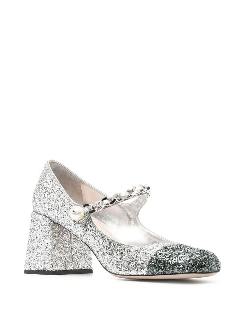 Silver 65 Glittered Leather Mary Jane Pumps