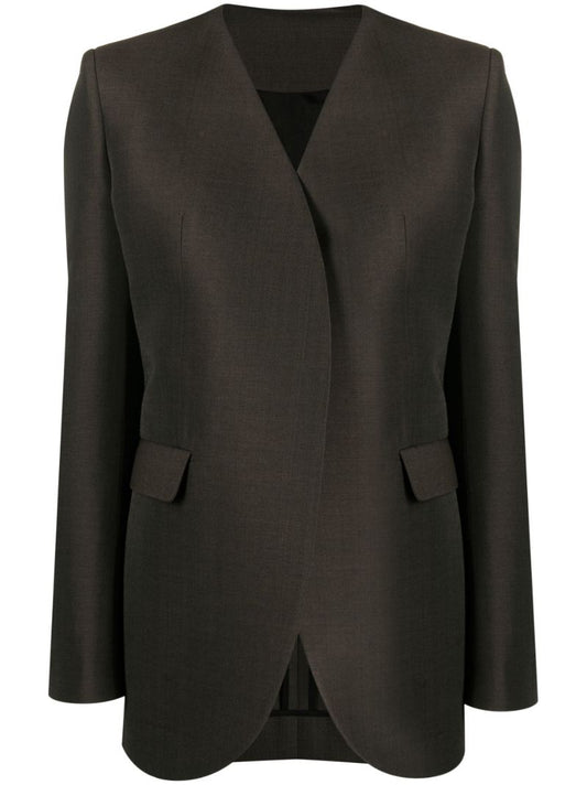 Brown Collarless Wool Blazer