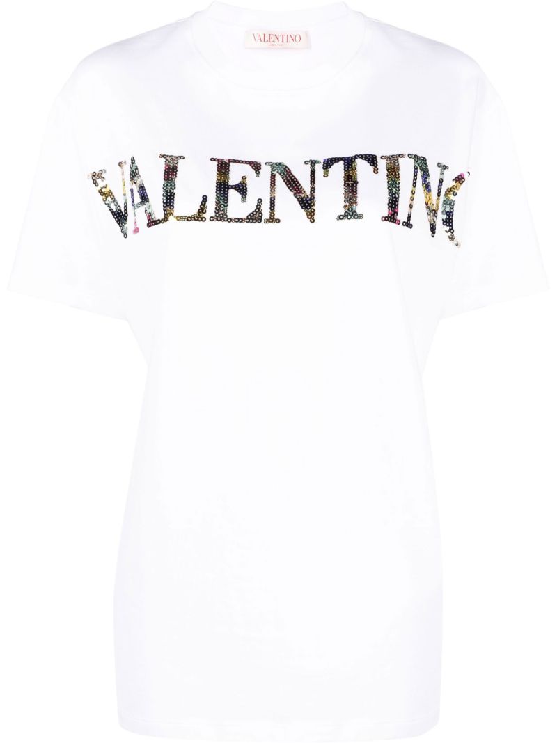 White Sequin-logo Cotton T-shirt