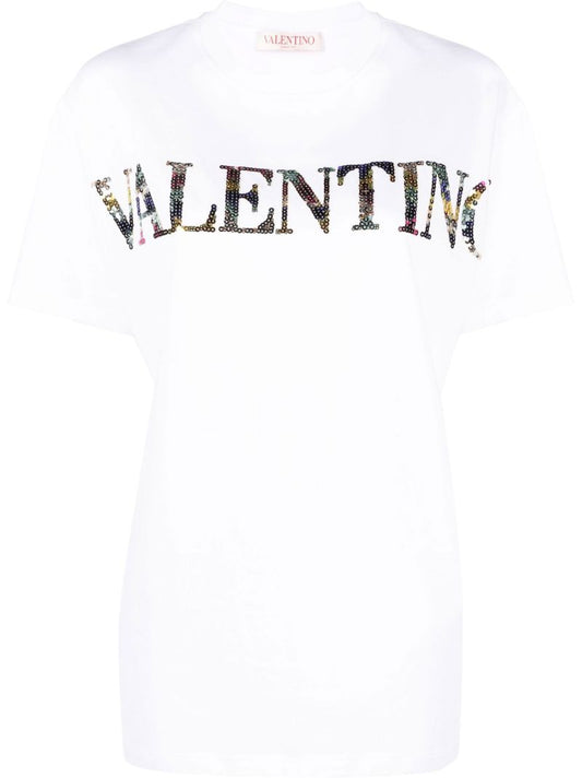 White Sequin-logo Cotton T-shirt