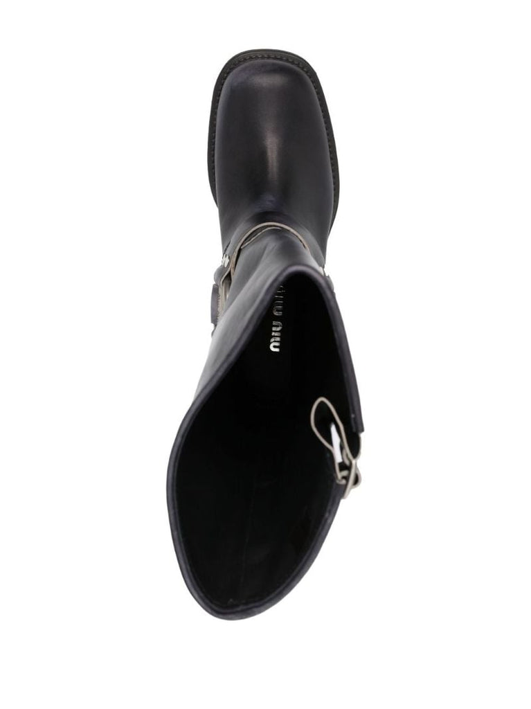 Black Buckle Detail 50 Knee-high Leather Boots