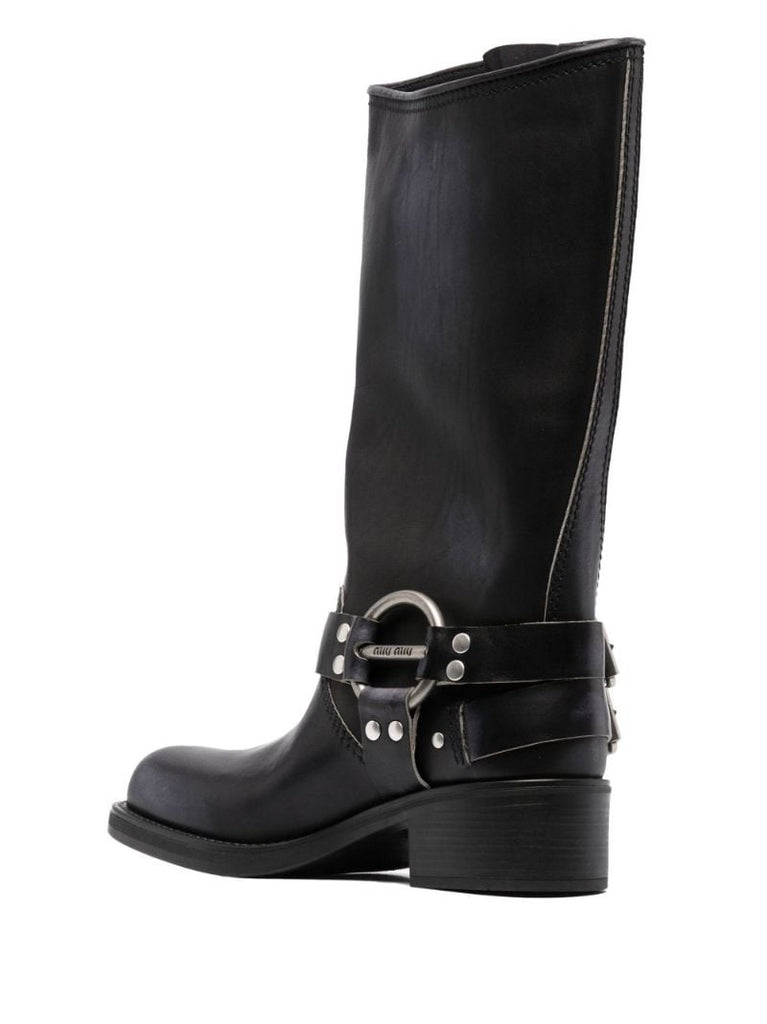 Black Buckle Detail 50 Knee-high Leather Boots
